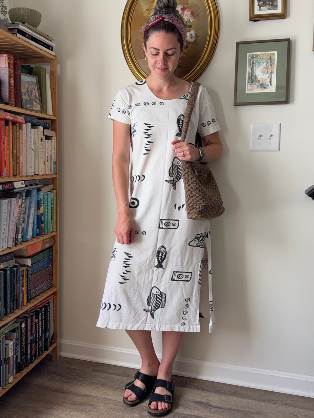 Exist Sports Line White Midi T-shirt Dress with Black Fish Print